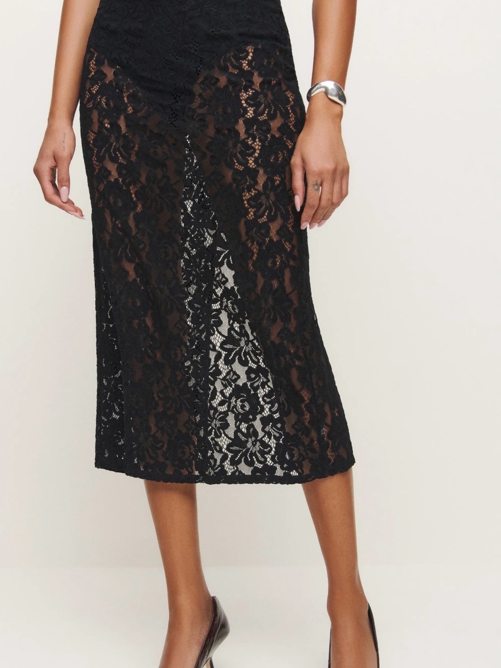 Reformation Rylee Black Lace Midi Skirt with Sheer Floral Overlay - Picture 2 of 5